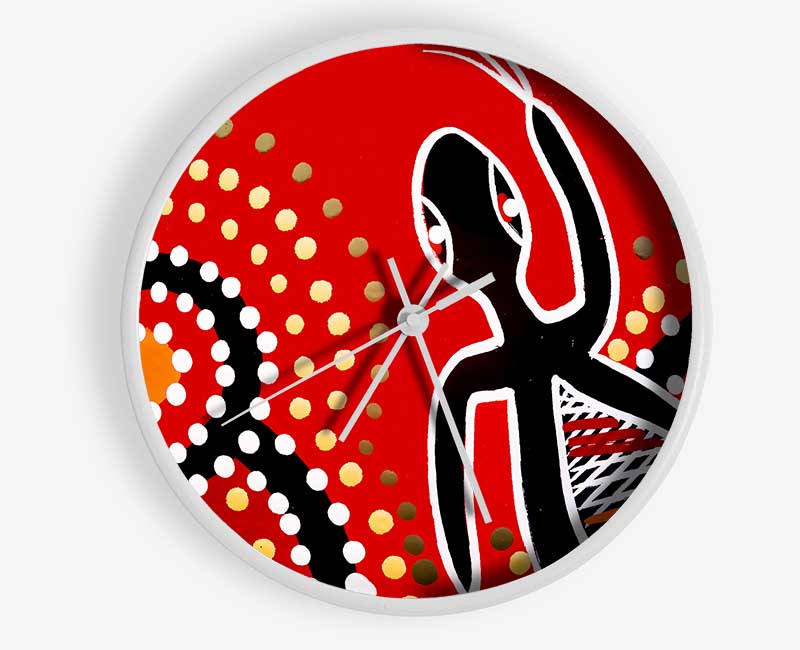 Aboriginal Red Gecko Sun clock made from natural bamboo with a round face and clear Plexiglas lens, showcasing intricate Aboriginal design.